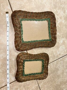 Woven Rattan Picture Frames with Green Trim - Set of 2